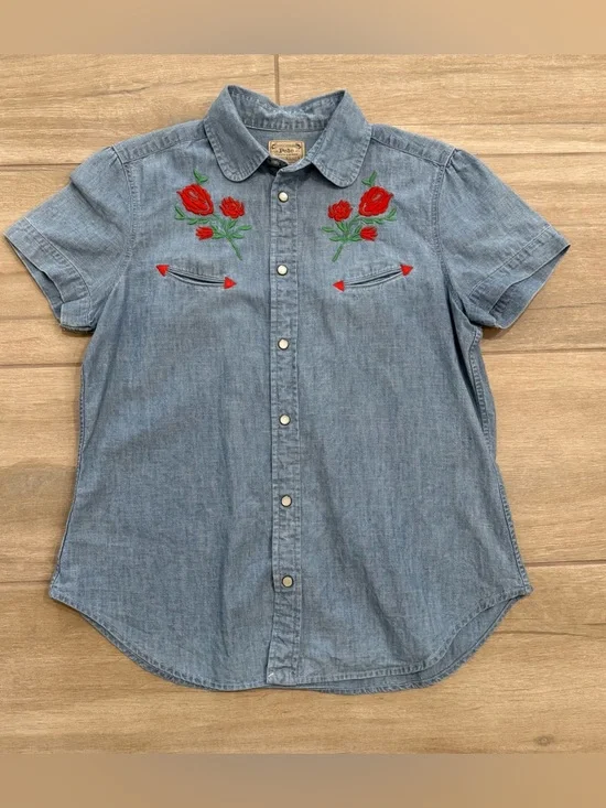 Polo Ralph Lauren - Mila Chambray Denim Button Down Western Roses Size Medium - Picture 1 of 14